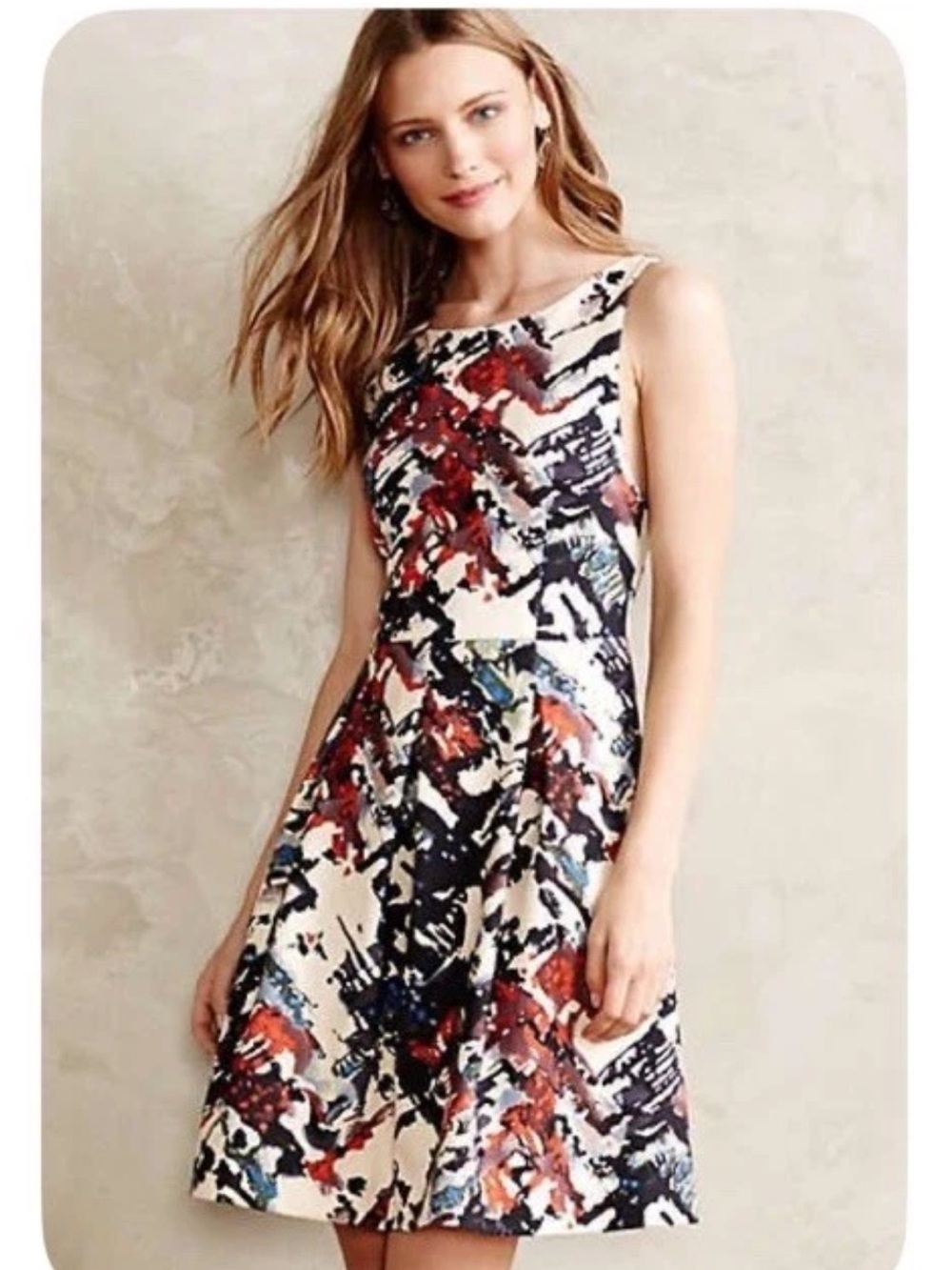 Maeve Anthropologie Capelle Fit Flare Dress Small Paint Splatter Cream Pockets